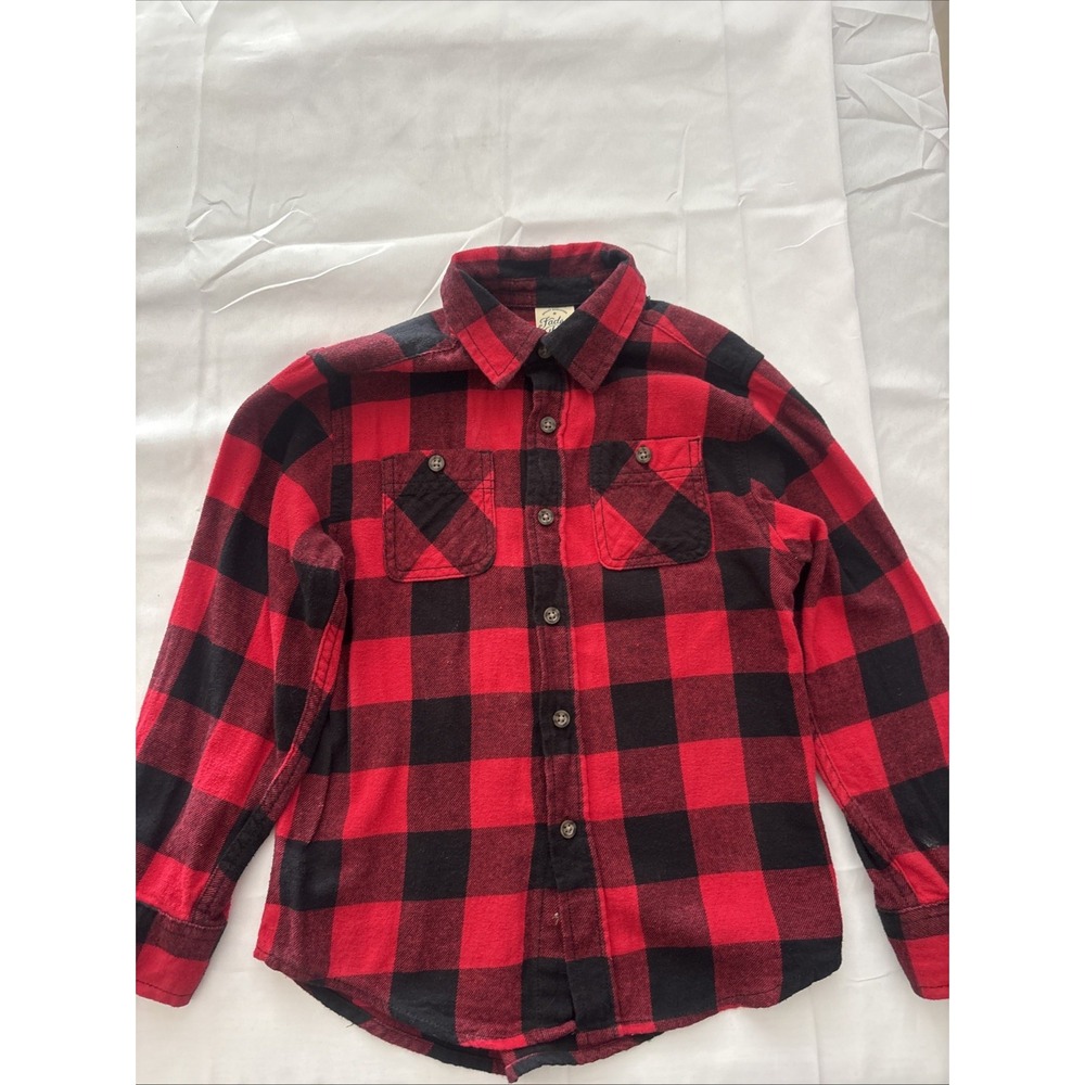FADED GLORY Boys YOUTH Shirt S (6-7) Black Red Plaid Flannel Long Sleeve Button